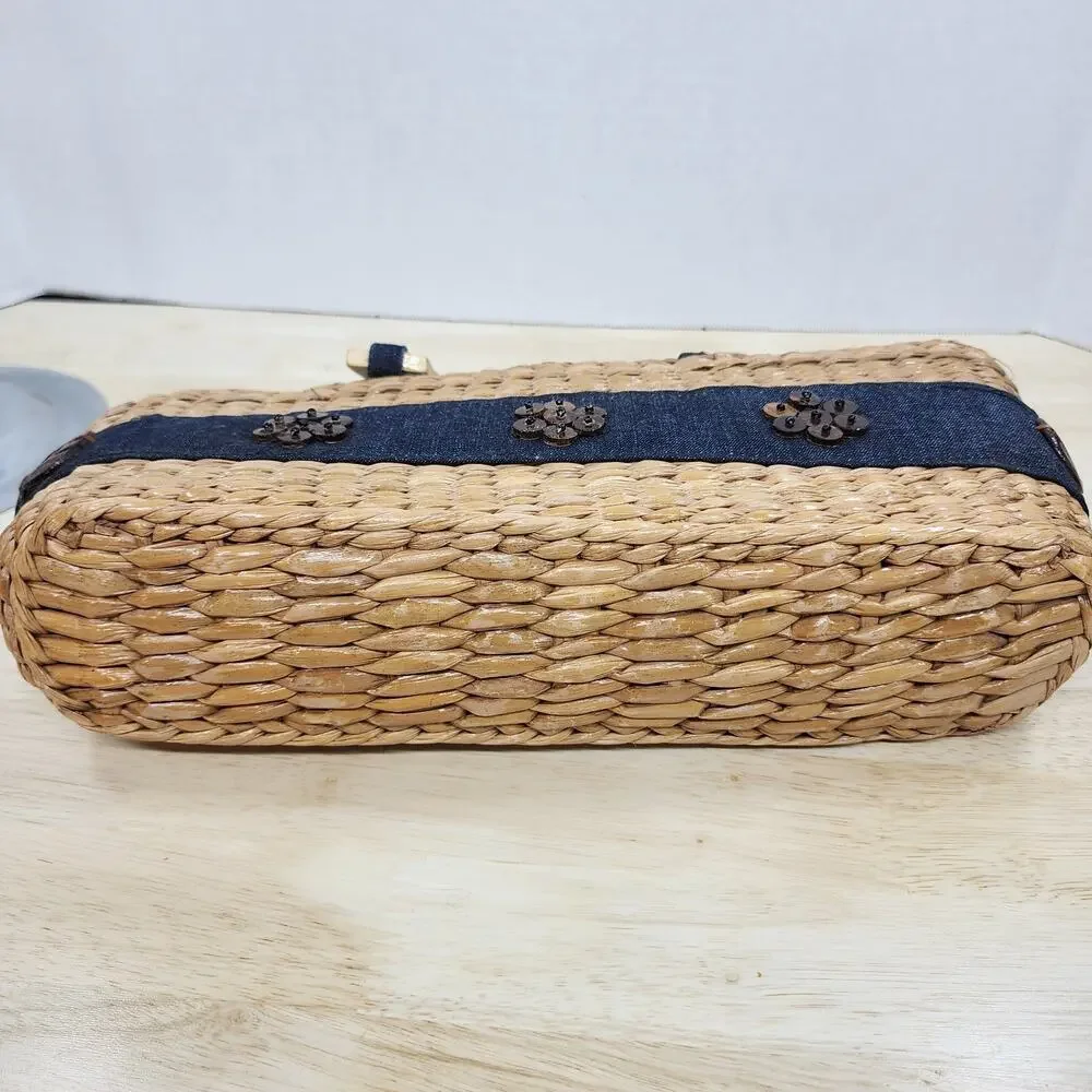 Straw Basket Purse Denim Accent Wooden Handles Beach Cottagecore Bag 10x5.5